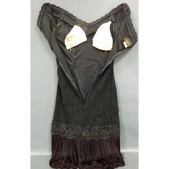 Midnight Glo Black Embellished Cocktail Dress Sz 4 Fringe Drop Waist 1970s 70s - Picture 7 of 9